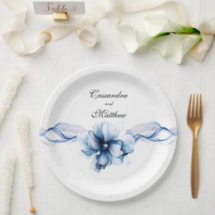 Elegant Dusty Blue Navy  Flowers Wedding  Paper Plate