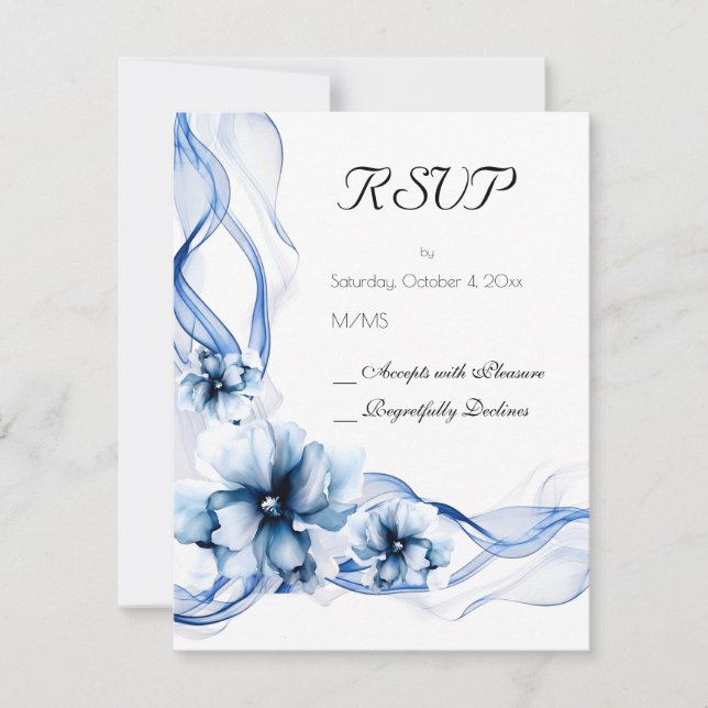 Elegant Dusty Blue Navy  Flowers Wedding  RSVP Card (Front)