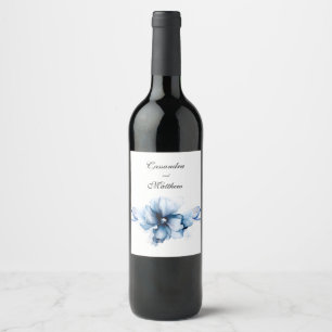 Elegant Dusty Blue Navy Flowers Wedding Wine Label
