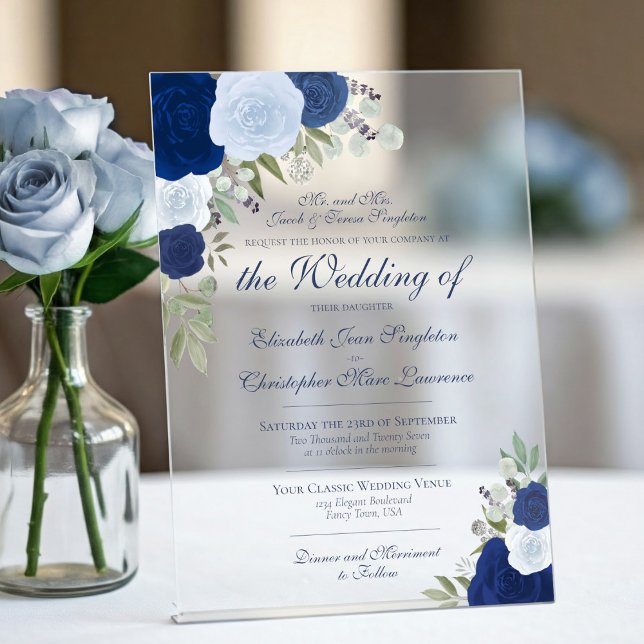 Elegant Dusty Blue & Navy Roses Formal Wedding Acrylic Invitations (Frosted Acrylic with Rectangle Cut)