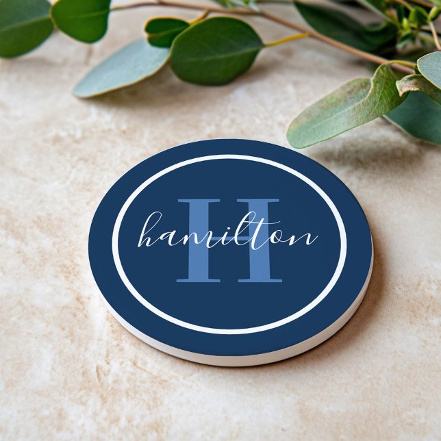 Elegant Dusty Blue Navy Round Monogram Coaster (Creator Uploaded)