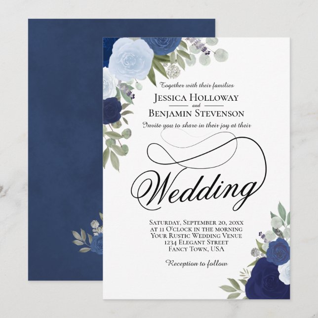 Elegant Dusty Blue & Navy Rustic Floral Wedding Invitation (Front/Back)