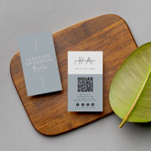 Elegant Dusty Blue Neutral QR Code Boho Modern Business Card