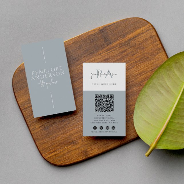  Elegant Dusty Blue Neutral QR Code Boho Modern   Business Card (Creator Uploaded)