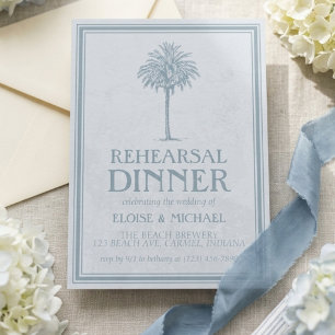 Elegant Dusty Blue Palm Tree Wedding Rehearsal Invitation