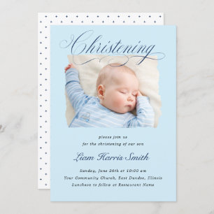 Elegant Dusty Blue Pastel Script Baptism Photo Boy Invitation