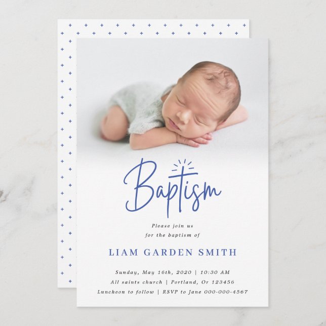 Elegant Dusty Blue Pastel Script Baptism Photo  In Invitation (Front/Back)