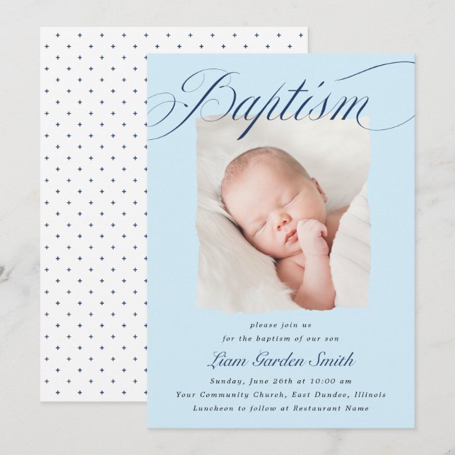 Elegant Dusty Blue Pastel Script Baptism Photo Inv Invitation (Front/Back)