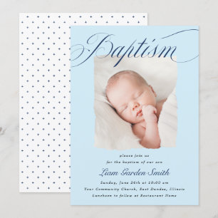 Elegant Dusty Blue Pastel Script Baptism Photo Inv Invitation