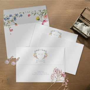 Elegant Dusty Blue Pastel Wildflower Crest Wedding Envelope