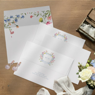 Elegant Dusty Blue Pastel Wildflower Crest Wedding Envelope