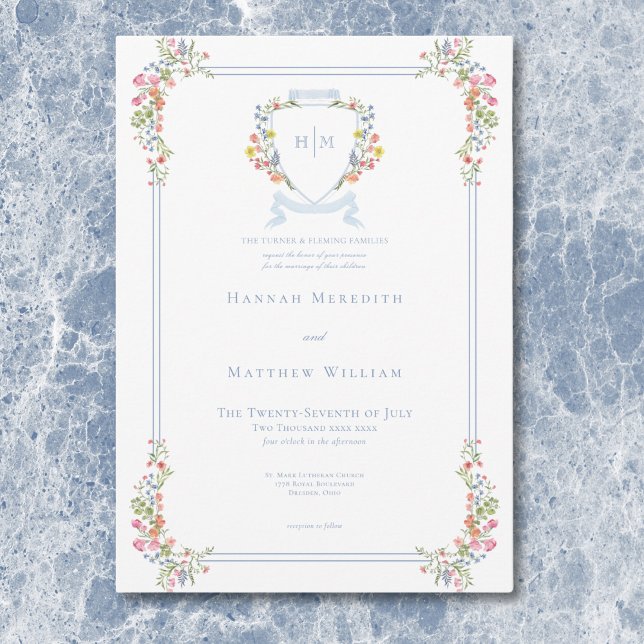 Elegant Dusty Blue Pastel Wildflower Crest Wedding Invitation (Elegant Dusty Blue Pastel Wildflower Crest Wedding Invitation)