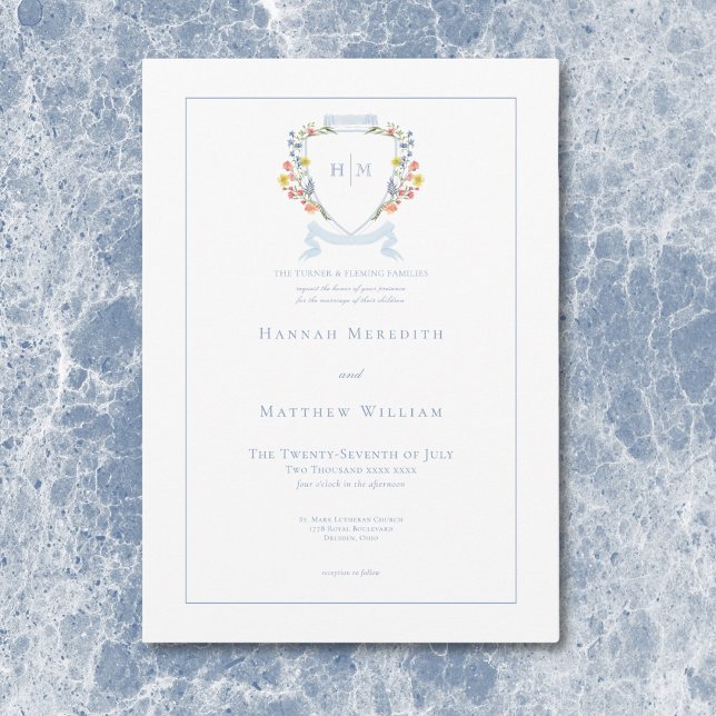 Elegant Dusty Blue Pastel Wildflower Crest Wedding Invitation (Elegant Dusty Blue Pastel Wildflower Crest Wedding Invitation)
