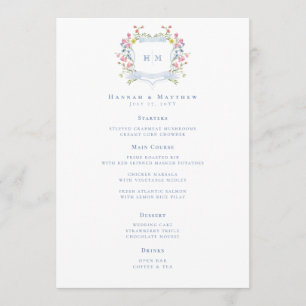 Elegant Dusty Blue Pastel Wildflower Crest Wedding Menu