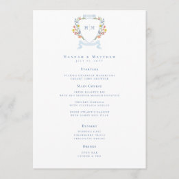 Elegant Dusty Blue Pastel Wildflower Crest Wedding Menu