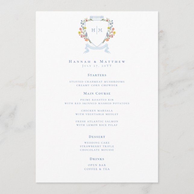 Elegant Dusty Blue Pastel Wildflower Crest Wedding Menu (Front)