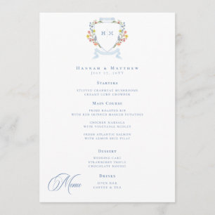 Elegant Dusty Blue Pastel Wildflower Crest Wedding Menu