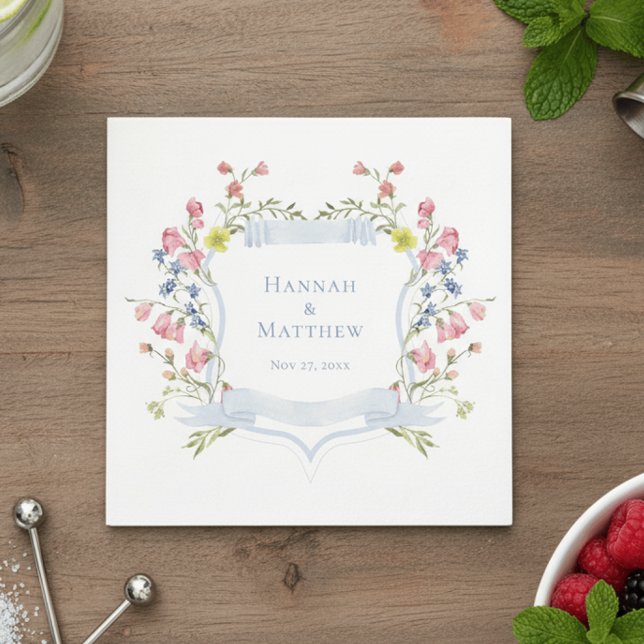 Elegant Dusty Blue Pastel Wildflower Crest Wedding Napkin (Creator Uploaded)