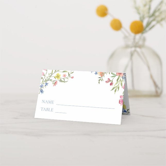 Elegant Dusty Blue Pastel Wildflower Crest Wedding Place Card (Front)