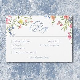Elegant Dusty Blue Pastel Wildflower Crest Wedding RSVP Card
