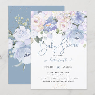 Elegant Dusty Blue Peonies Cream Roses Baby Shower Invitation