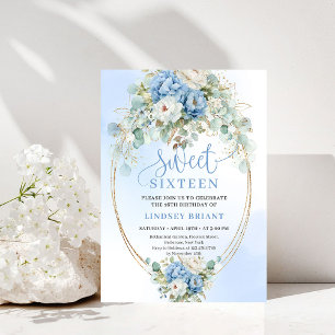 Elegant Dusty Blue Peonies Gold Boho Sweet Sixteen Invitation