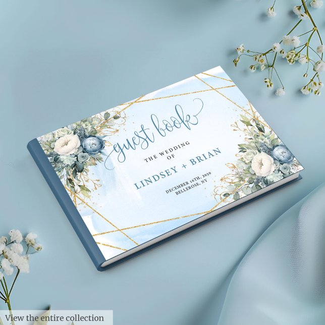 Elégant Dusty Blue Peonies Gold Mariage livre d'hô (Elegant Dusty Blue White Gold Floral Guest Book)