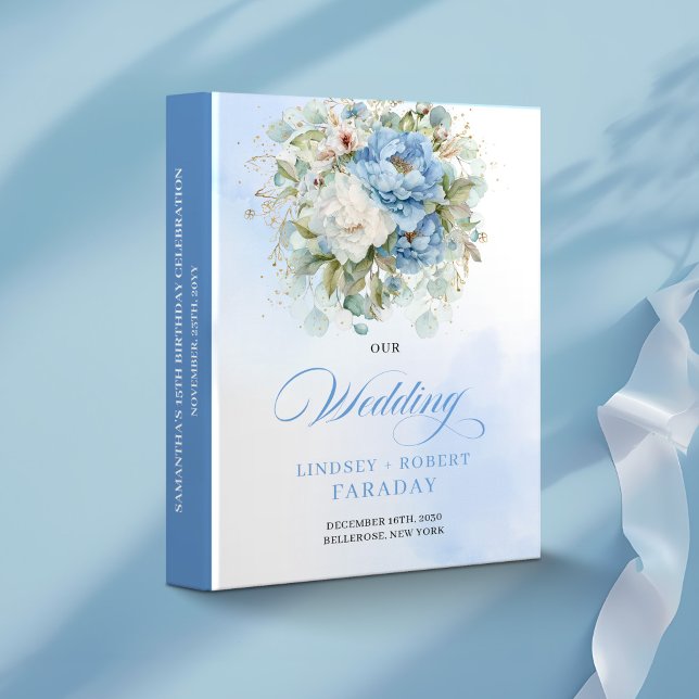 Elegant Dusty Blue Peonies Gold Wedding Memory  Binder (Elegant Dusty Blue Peonies Gold Wedding Memory Album)