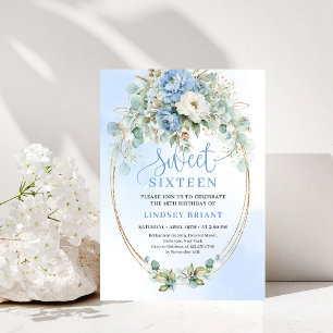 Elegant Dusty Blue Peonies Sweet Sixteen Celebrati Invitation