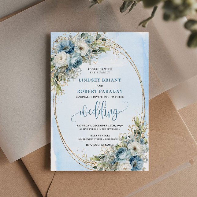 Elegant Dusty Blue Peony Floral Gold Glitter Invit Invitation (Elegant Dusty Blue Peony Floral Gold Glitter Invitation)