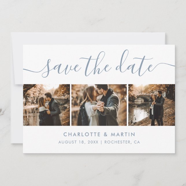 Elegant Dusty Blue Photo Collage Save The Date (Front)