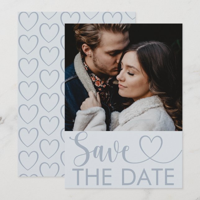 Elegant Dusty Blue Photo & Heart Save the Date (Front/Back)