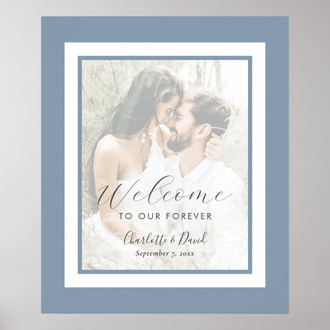 Elégant Dusty Blue Photo Mariage Affiche de bienve (Devant)