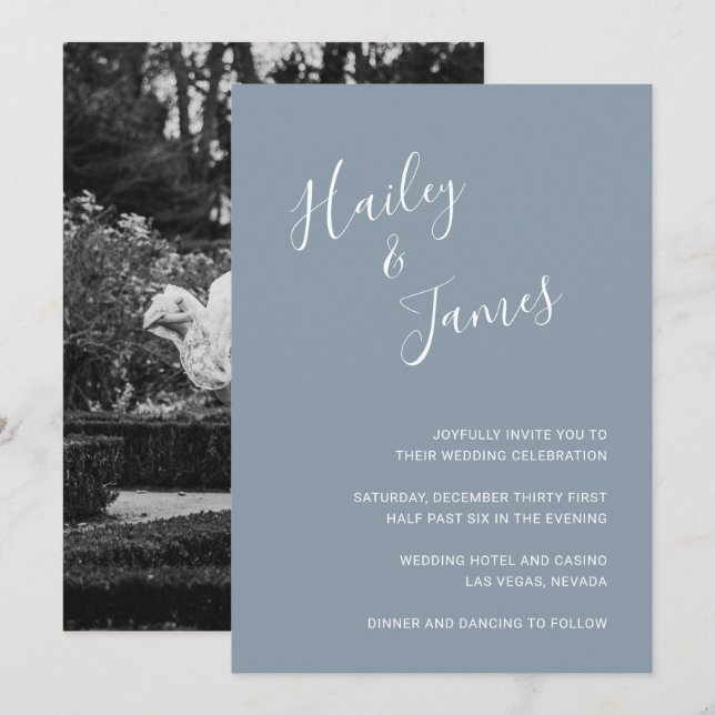 Elegant Dusty Blue Photo Modern Wedding Invitation (Front/Back)