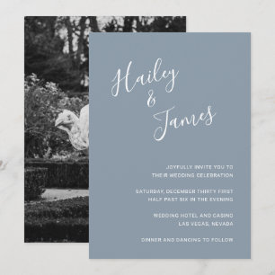 Elegant Dusty Blue Photo Modern Wedding Invitation