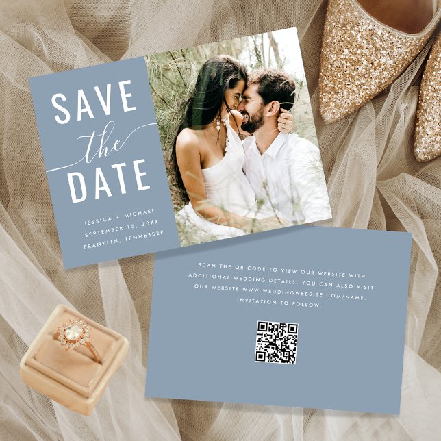 Elegant Dusty Blue Photo Typography Qr Code Script Save The Date (Creator Uploaded)