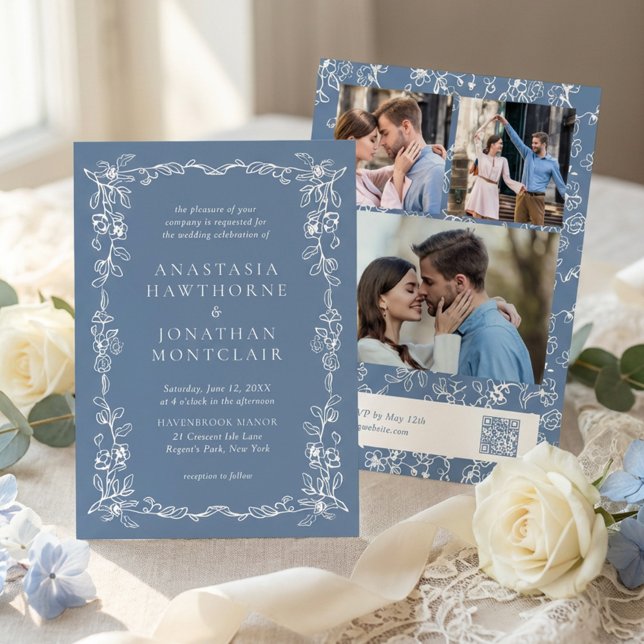 Elegant Dusty Blue Photo Vintage Wedding Invitation (Creator Uploaded)