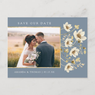 Elegant Dusty Blue Photo Wedding Save The Date Announcement Postcard