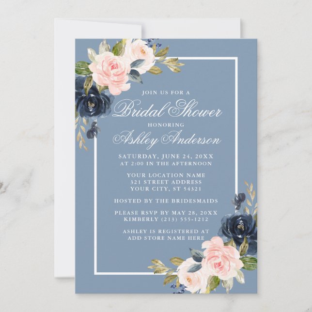 Elegant Dusty Blue Pink Floral Bridal Shower Invitation (Front)