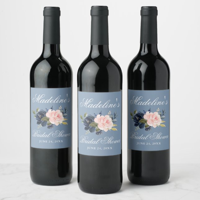 Elegant Dusty Blue Pink Floral Bridal Shower Wine Label (Bottles)