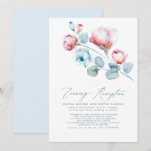 Elegant Dusty Blue Pink Floral Evening Reception Invitation
