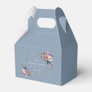Elegant Dusty Blue Pink Flowers Gold Frame Wedding Favor Box
