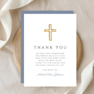 Elegant Dusty Blue Religious Boy First Communion Thank You Card