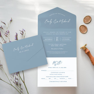 Elegant Dusty Blue Romantic Calligraphy Simple All In One Invitation