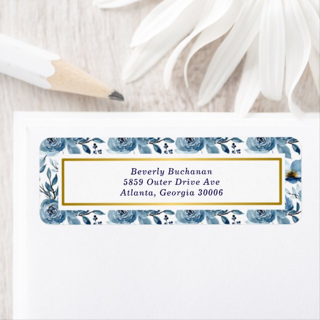 Elegant Dusty Blue Rose Gold Accent Return Address (Insitu)