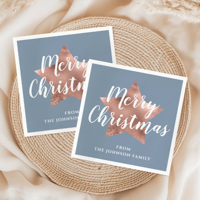 Elegant Dusty Blue Rose Gold Star Christmas Napkin (Elegant Dusty Blue Rose Gold Star Christmas Napkins)