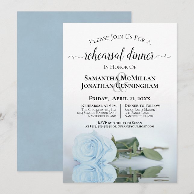 Elegant Dusty Blue Rose Wedding Rehearsal Dinner Invitation (Front/Back)