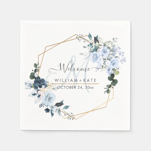 Elegant Dusty Blue Roses Monogram Napkin (Front)