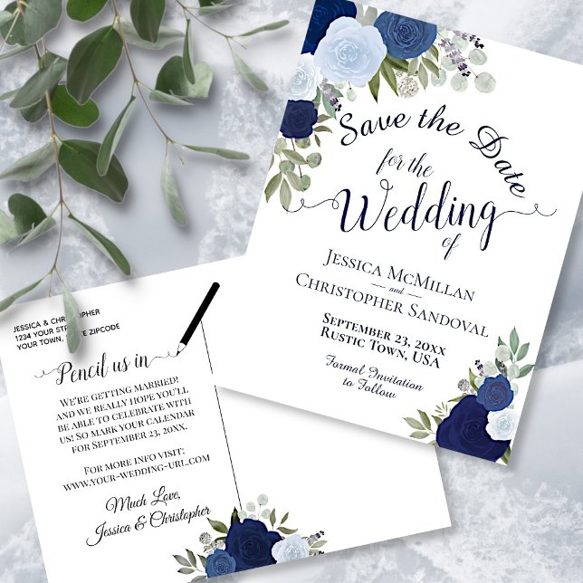 Elegant Dusty Blue Roses Wedding Save the Date Announcement Postcard (Creator Uploaded)