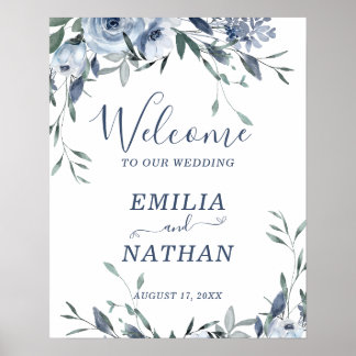 Elegant Dusty Blue Roses with Greenery Welcome Poster